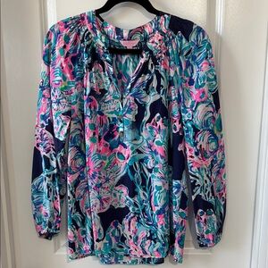 Lilly Pulitzer Elsa Silk Floral Blouse in Pink and Blue
